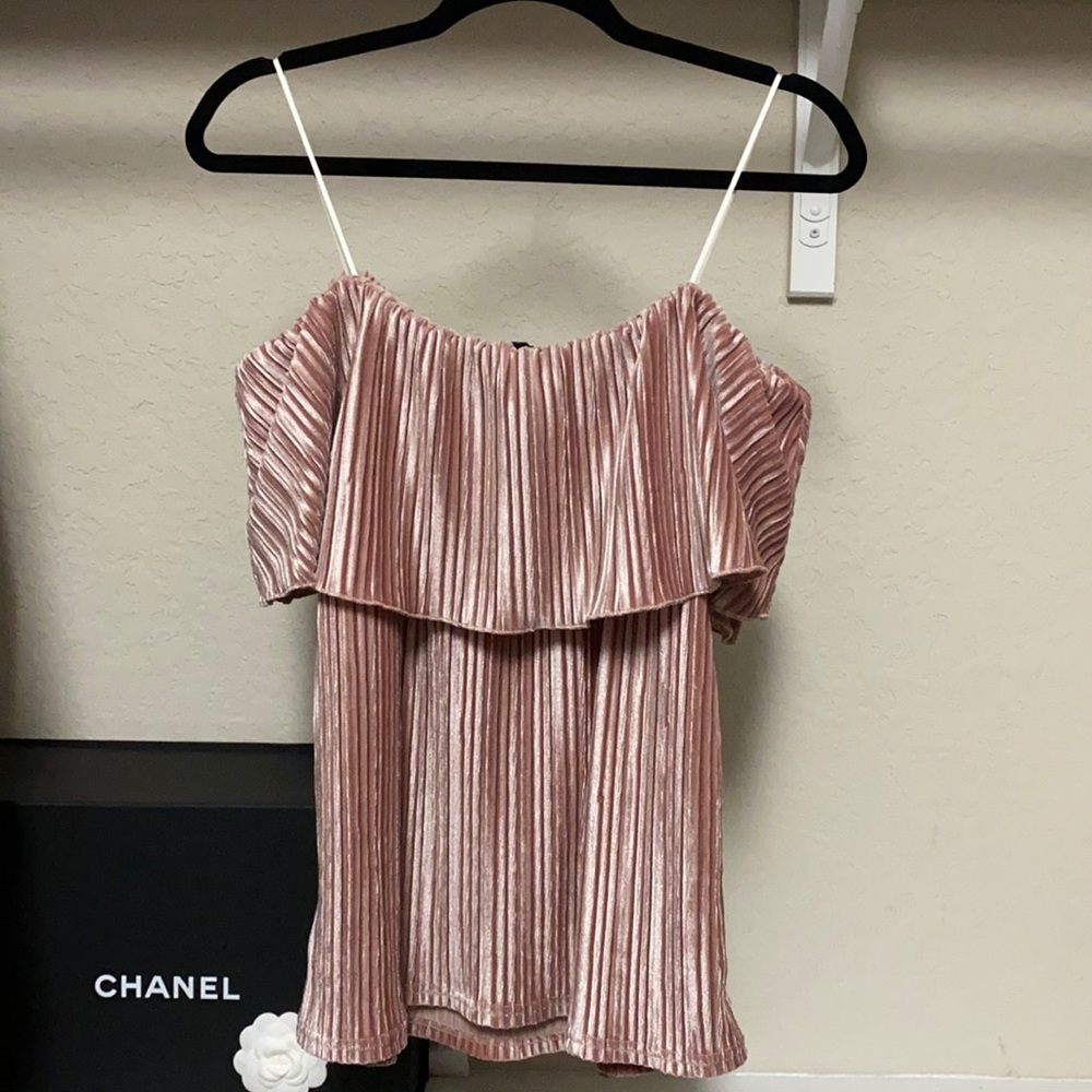 VELVET OFF SHOULDER PINK SHORT SLEEVE BLOUSE
